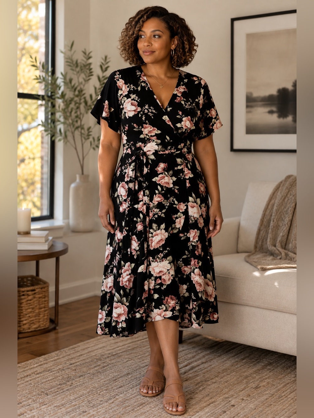 Black floral print faux wrap dress fits like 3XL
